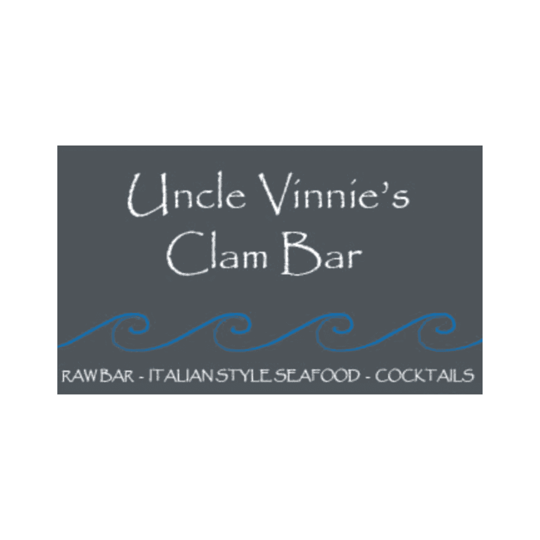 Sign for Uncle Vinnie's Clam Bar with a seafood and cocktails theme.